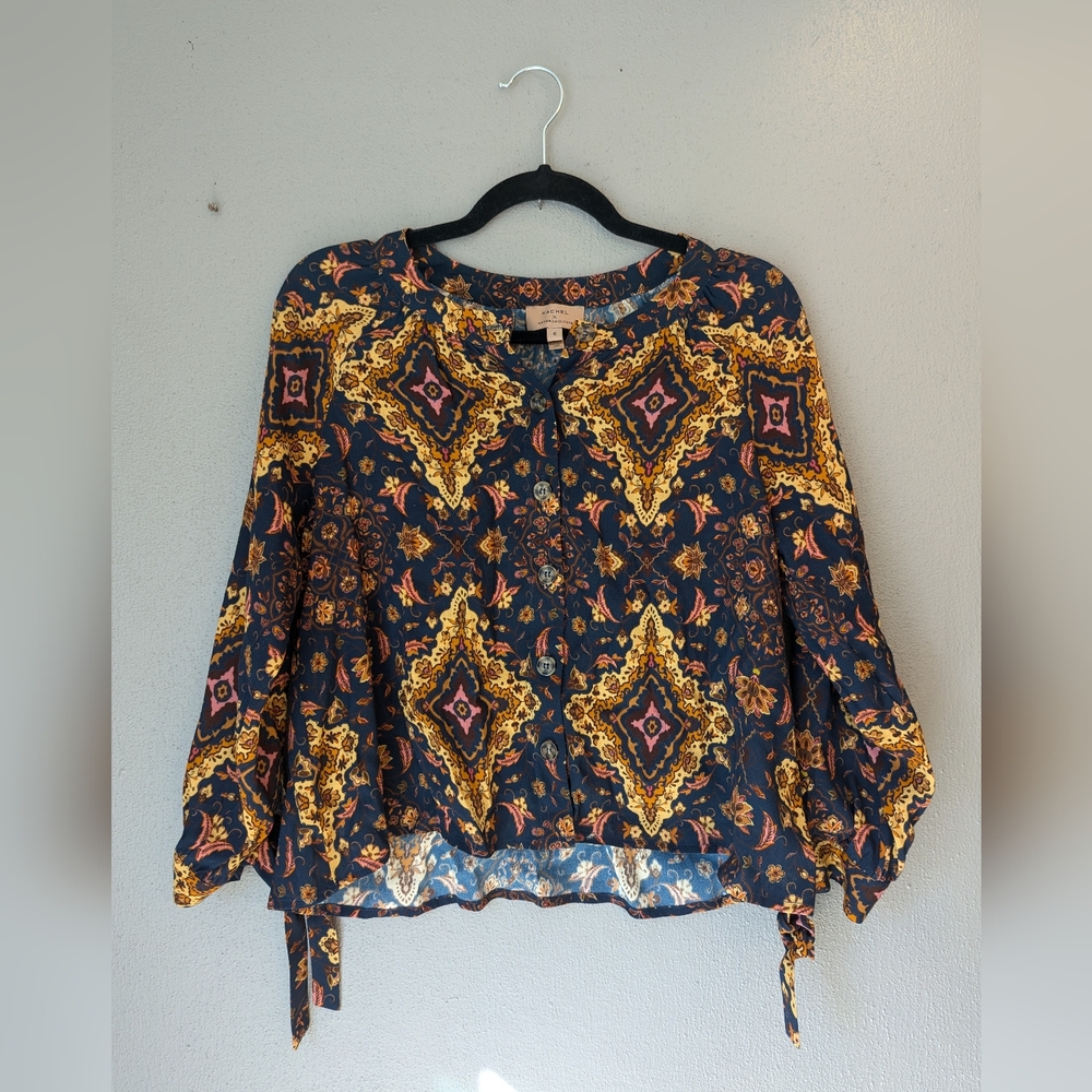 Kachel X Anthropologie Baroque Long Sleeve Button Up Blouse Blue Orange Top Sz 6